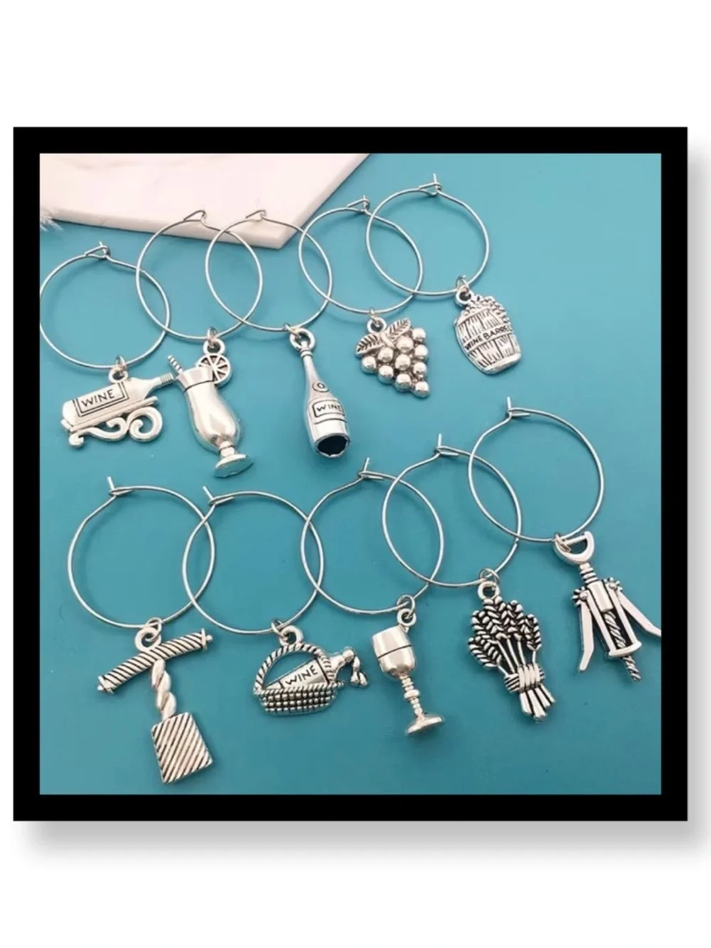 🆕 Set of 10 Wine Glass Markers Silver Wine Charm Hoop Set - 12pcs